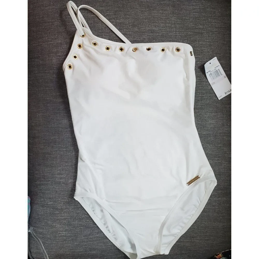 Michael Kors Size 6 strappy white One-Shoulder grommet women's Swimsuit